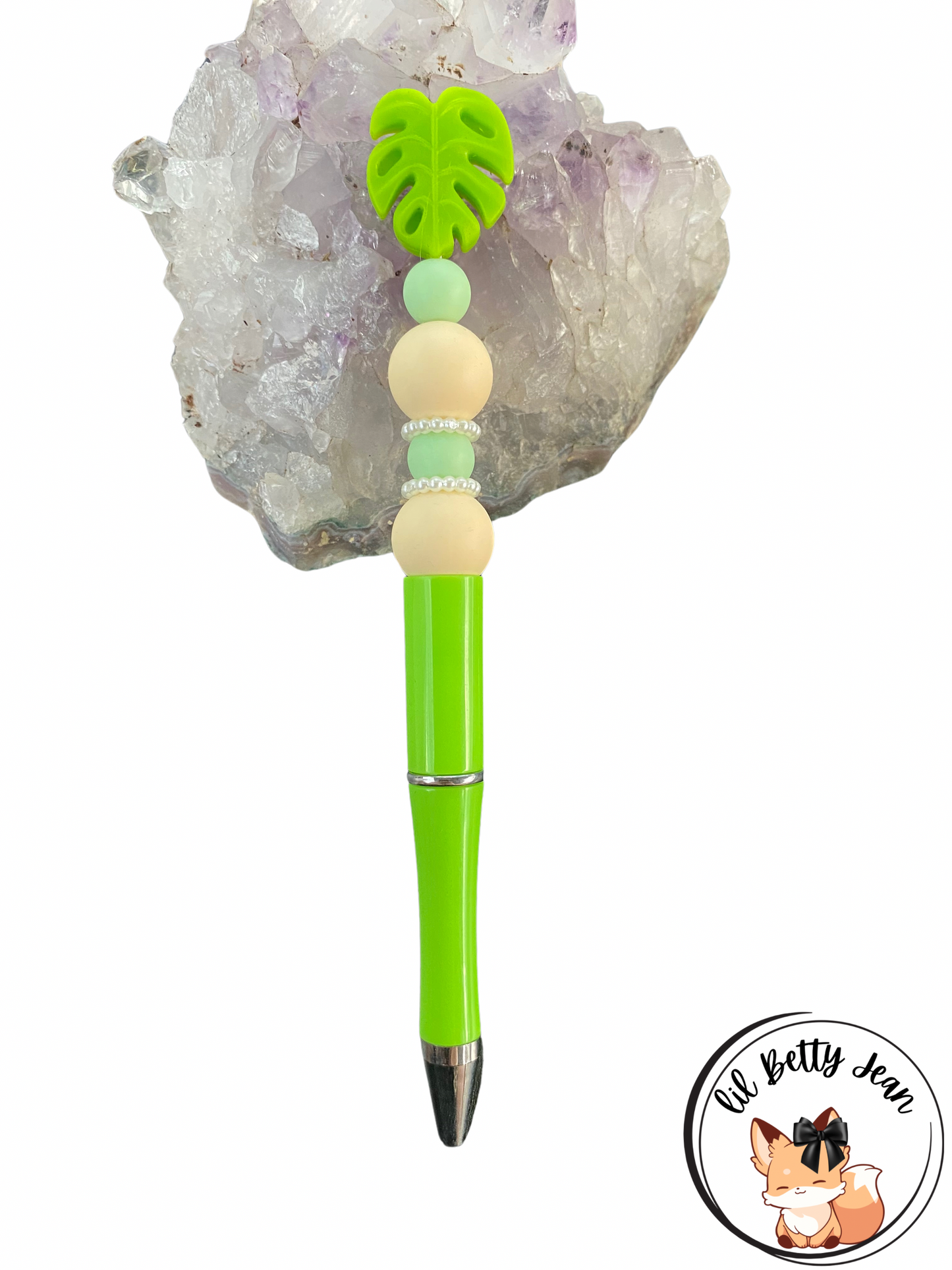 Green monstera leaf beaded pen