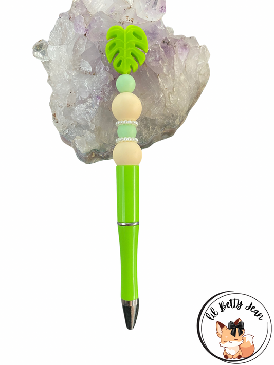 Green monstera leaf beaded pen